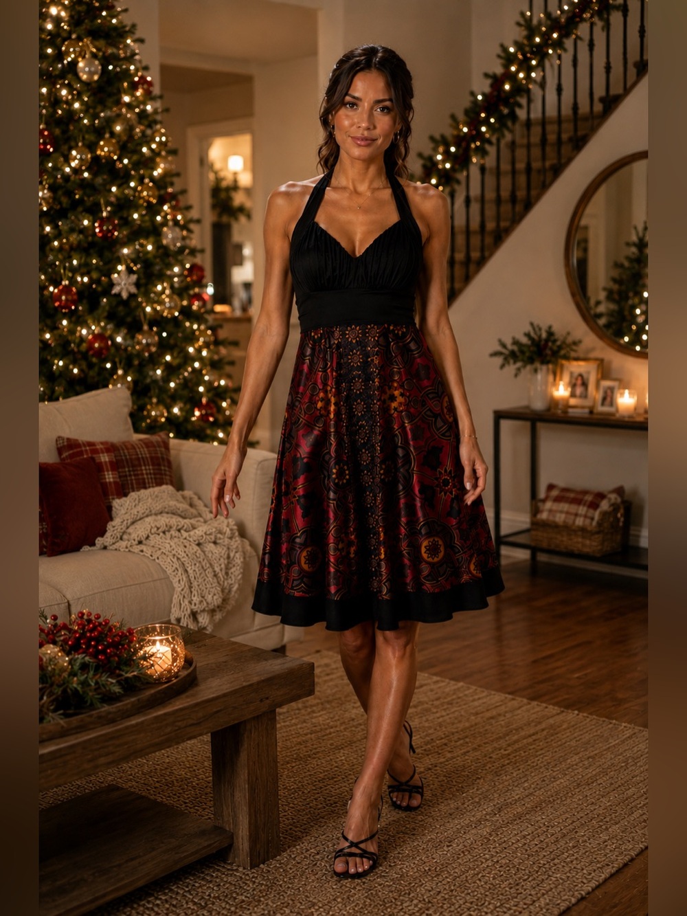 1 piece Black Halter Empire-Waist Dress with Red Patterned Skirt
